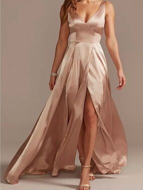 NWT Champagne Satin Formal Maxi V-Neck A-Line Dress with Slit